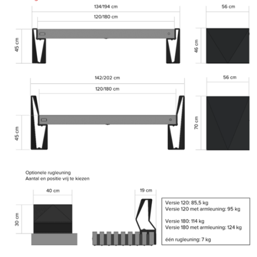 Kunststof parkbanken model Prisma 20 U ziet hier de lengte van de parkbanken t/m 180cm en dan het lengte verschil tussen de uitvoering met en zonder de optionele zijleuningen